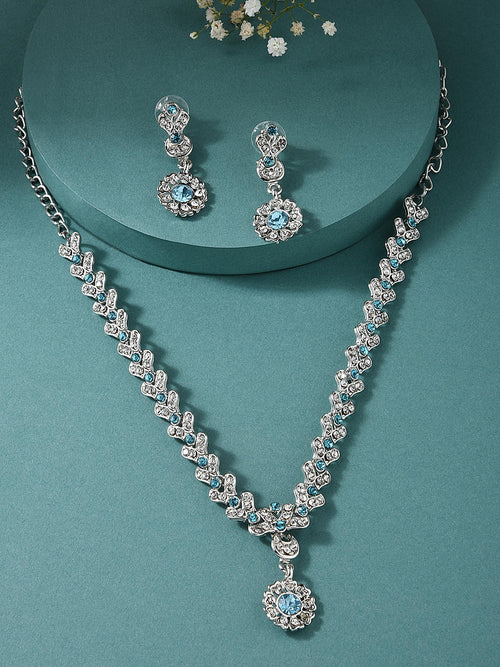 American Diamond Sapphire Silver Plated Floral Jewellery Set