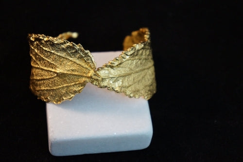 Open Cuff Bracelet: Hibiscus Leaf Design - Gold Plated Sterling Silver